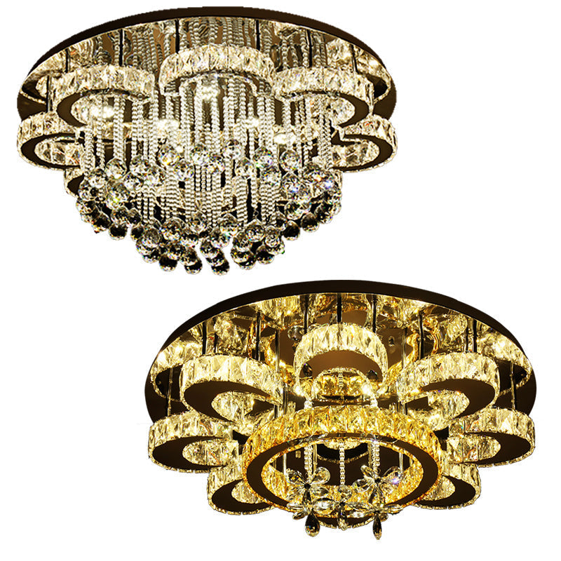 Chrome LED Flower Ceiling Light: Modern, Clear Crystal Flush Fixture for Living Room