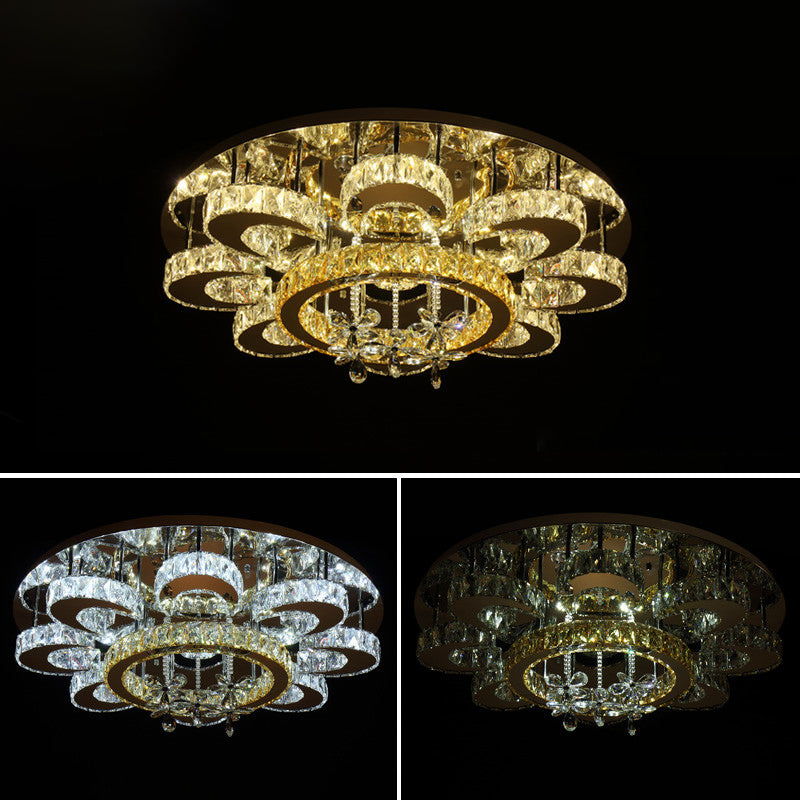 Chrome LED Flower Ceiling Light: Modern, Clear Crystal Flush Fixture for Living Room