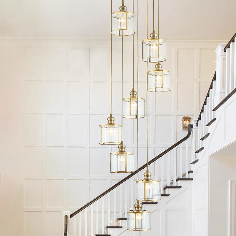 Postmodern Ribbed Glass Pendant Light Fixture with Multiple Lamps - Brass Finish for Stairway