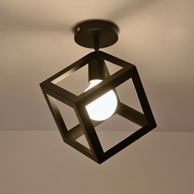 Iron Caged Flush Mount Ceiling Lamp - Industrial Style with 1-Bulb - Black
