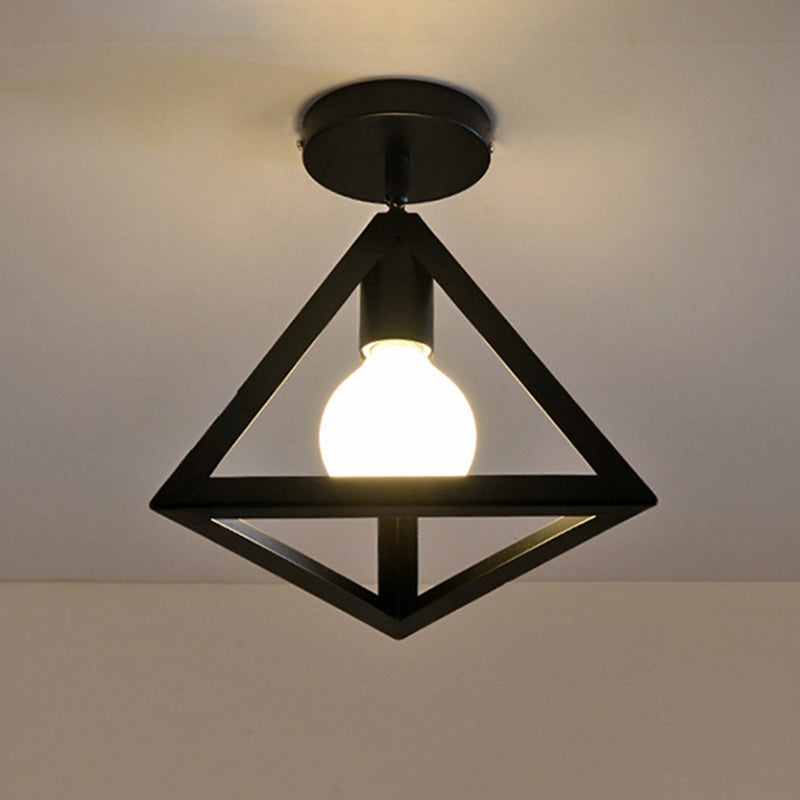 Iron Caged Flush Mount Ceiling Lamp - Industrial Style with 1-Bulb - Black
