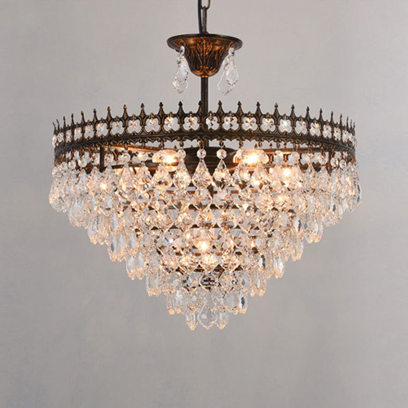 Vintage Crown Pendant Light With Tapered Crystal Drops - Single-Bulb Metal Ceiling Fixture Black /