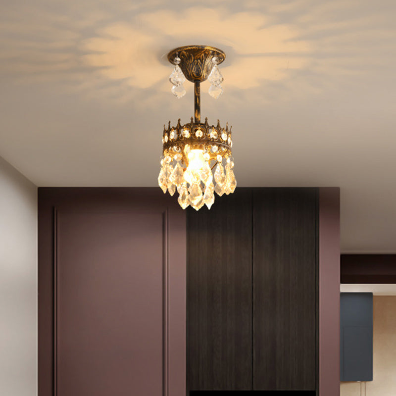 Vintage Crown Pendant Light With Tapered Crystal Drops - Single-Bulb Metal Ceiling Fixture Gold /
