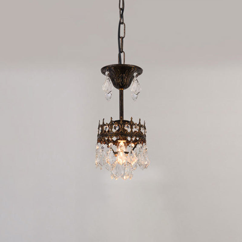 Vintage Crown Pendant Light With Tapered Crystal Drops - Single-Bulb Metal Ceiling Fixture Black /