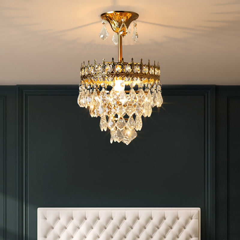 Vintage Crown Pendant Light With Tapered Crystal Drops - Single-Bulb Metal Ceiling Fixture