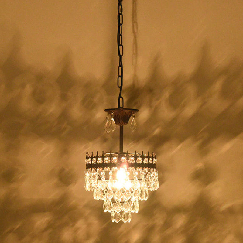 Vintage Crown Pendant Light With Tapered Crystal Drops - Single-Bulb Metal Ceiling Fixture