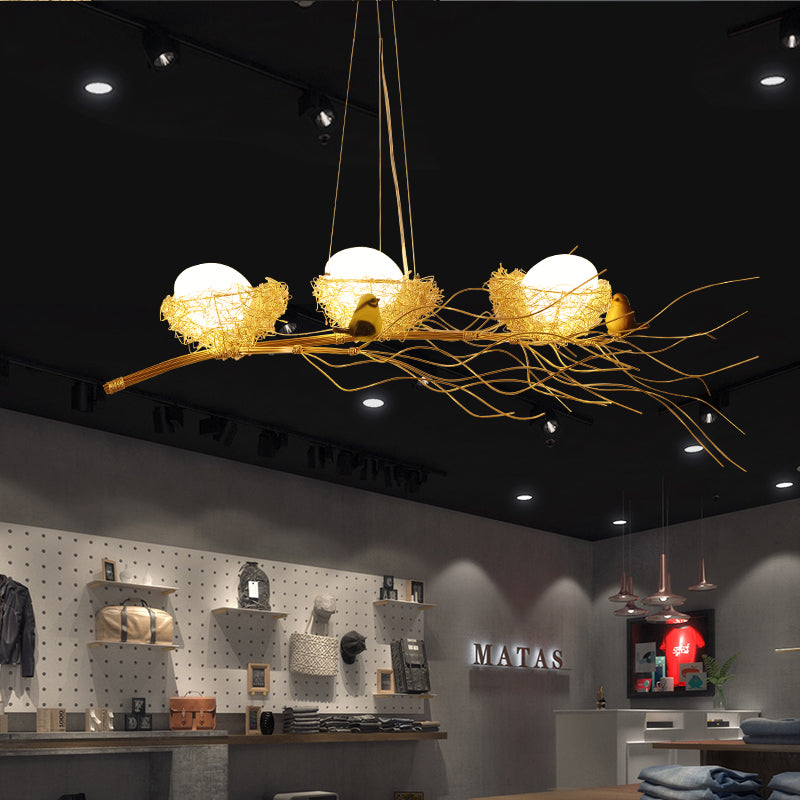 Artistic Aluminum Wire Nest Island Lamp With Wood Egg And Bird: A Unique Suspension For Dining Room