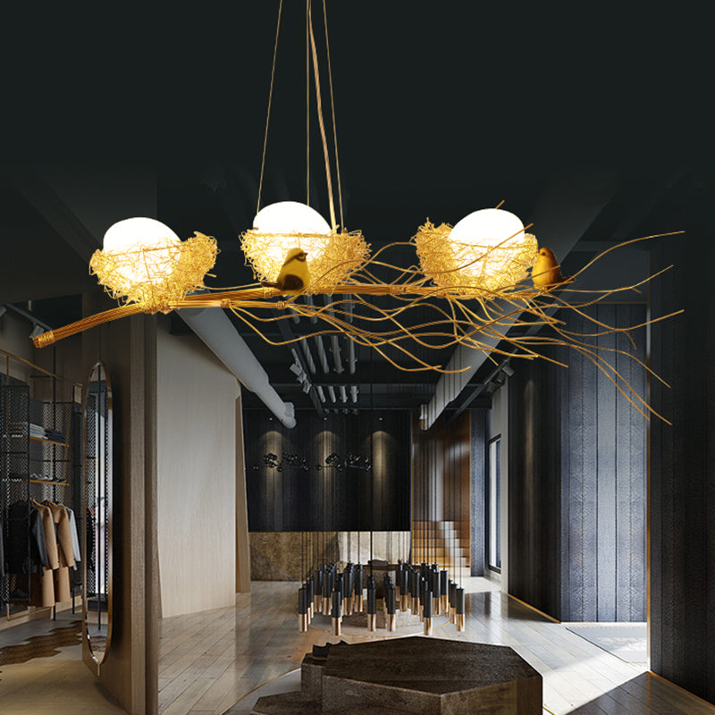 Artistic Aluminum Wire Nest Island Lamp With Wood Egg And Bird: A Unique Suspension For Dining Room