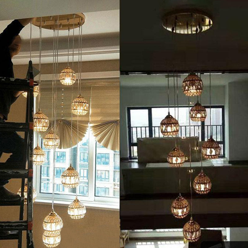 Gold Crystal Encrusted Sphere Pendant – Modern Style Ceiling Hanging Lantern for Staircase