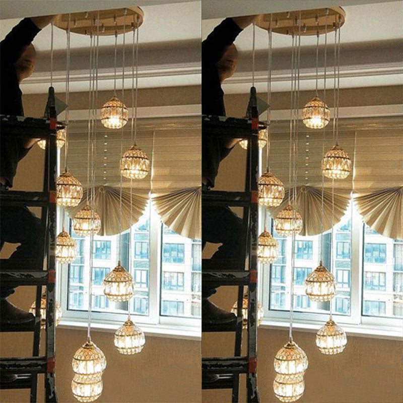 Gold Crystal Encrusted Sphere Pendant – Modern Style Ceiling Hanging Lantern for Staircase