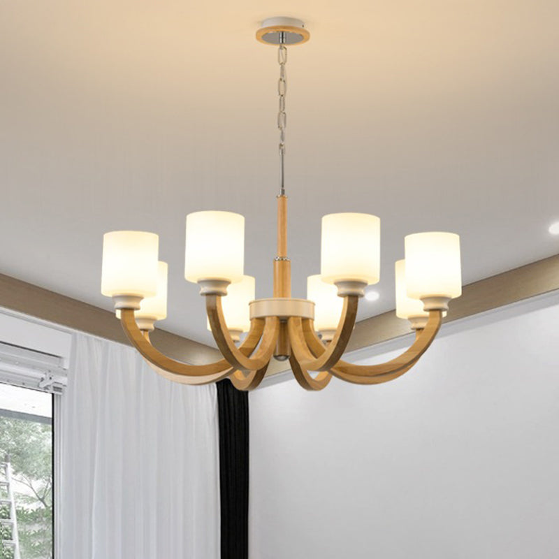 Lustre minimaliste en bois marron avec abat-jour en verre blanc