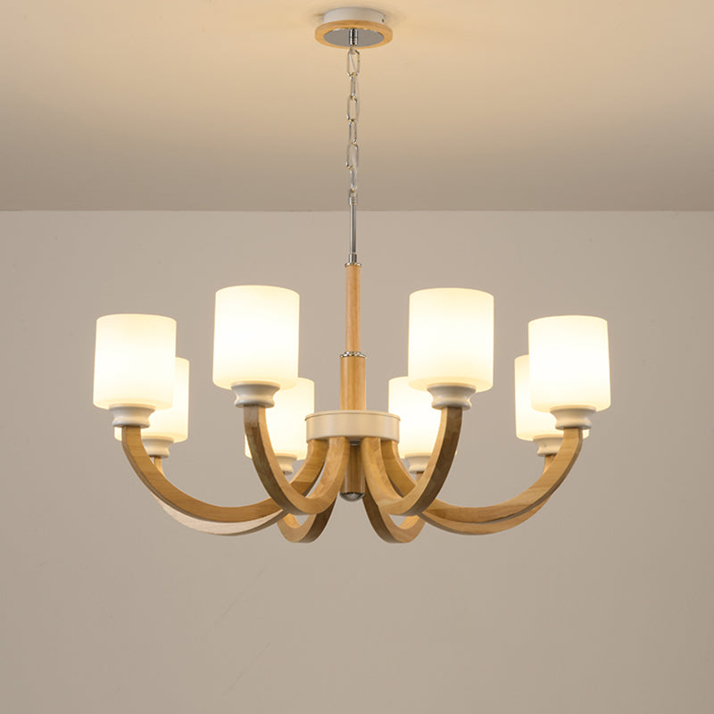 Lustre minimaliste en bois marron avec abat-jour en verre blanc