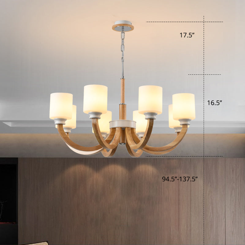 Lustre minimaliste en bois marron avec abat-jour en verre blanc
