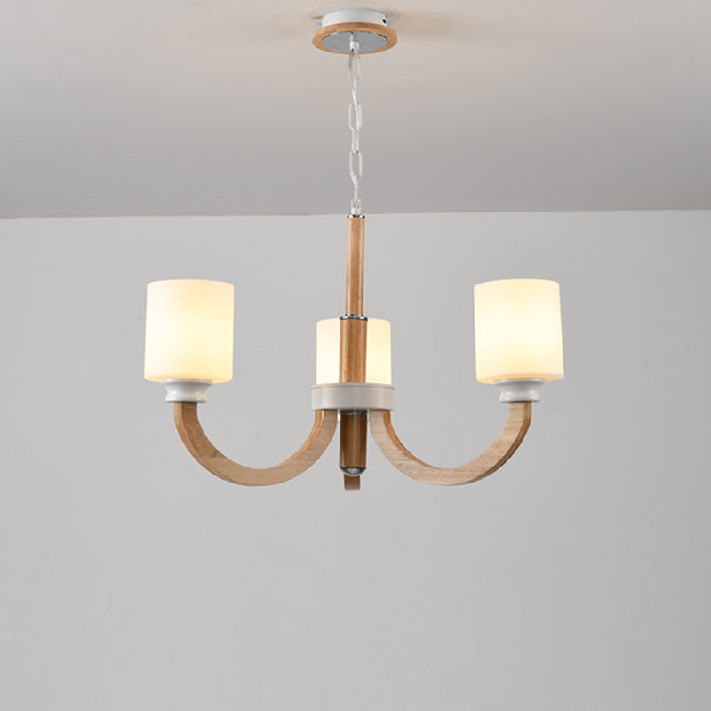 Lustre minimaliste en bois marron avec abat-jour en verre blanc