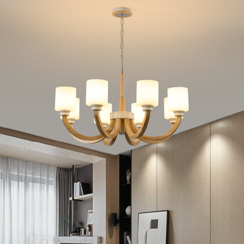 Lustre minimaliste en bois marron avec abat-jour en verre blanc
