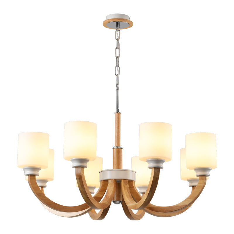 Lustre minimaliste en bois marron avec abat-jour en verre blanc