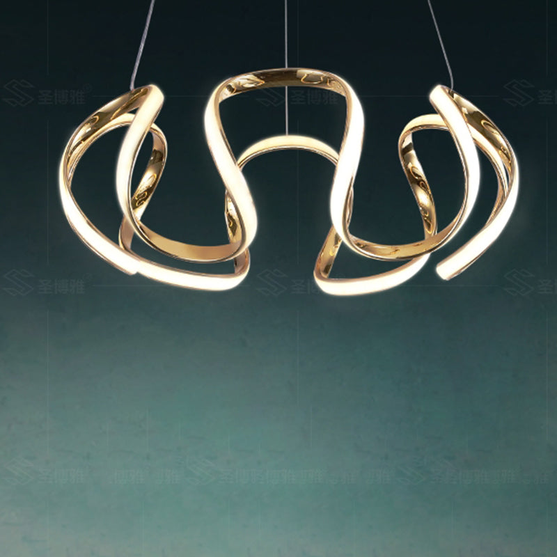 Gold Metal Bedroom Pendant Light - Minimalistic Curved Chandelier With Led Hanging Lamp