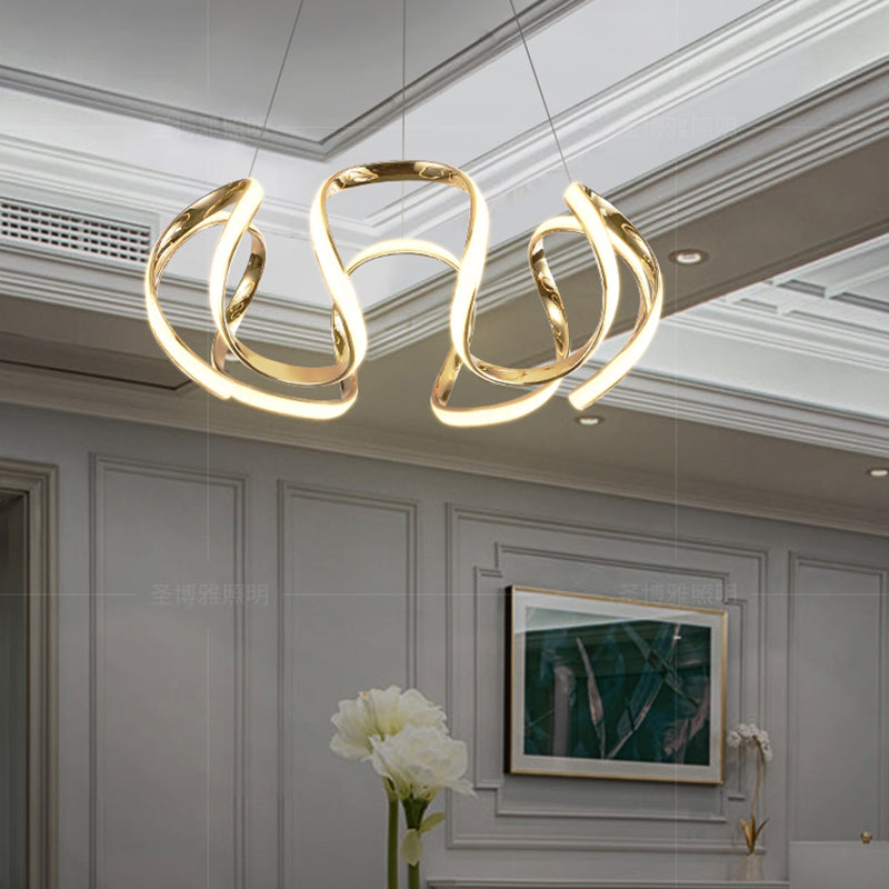 Modern Gold LED Chandelier Pendant Light for Bedrooms - Minimalistic & Curved Hanging Lamp