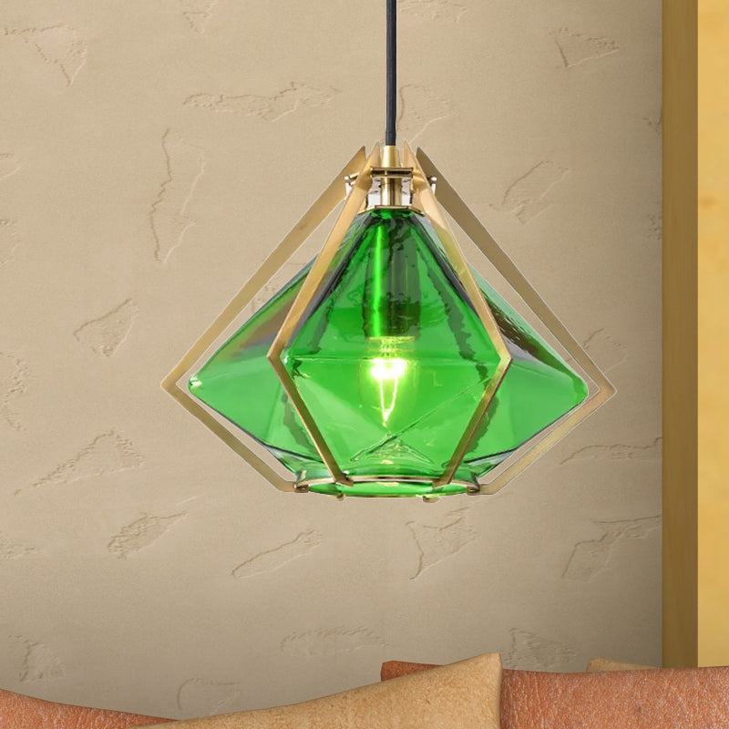Modern Diamond Pendant Light With Metal Cage And Textured Glass In Green/Clear/White Green / A