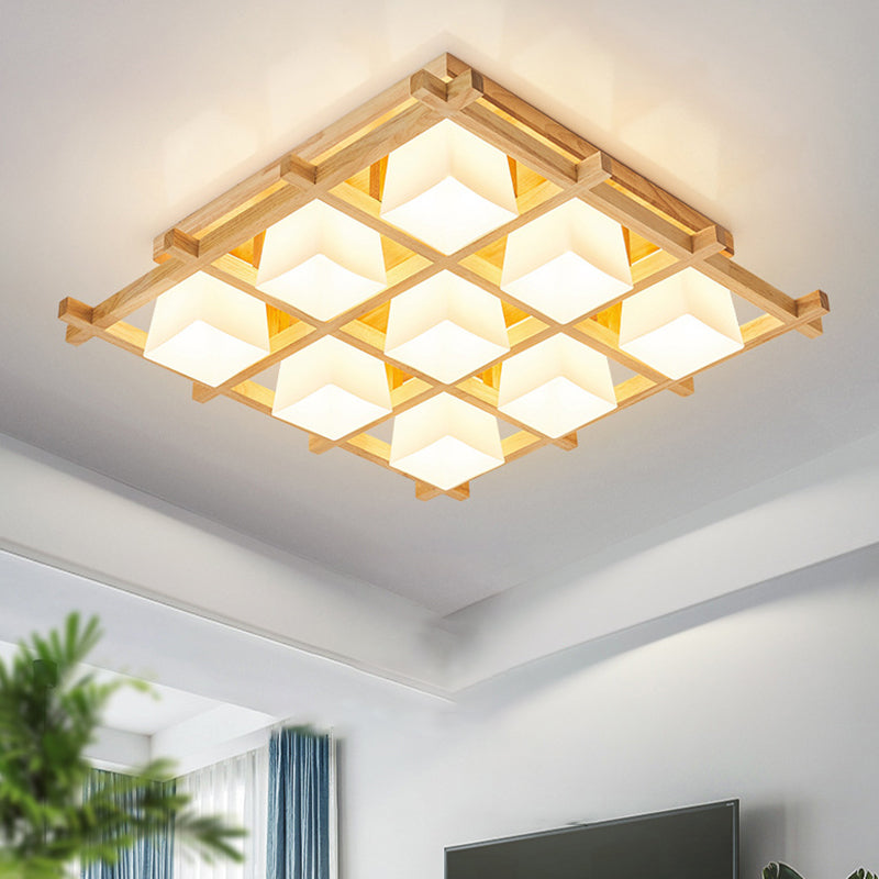 Modern Checkered Wood Ceiling Light - Beige Flushmount with Opal Glass Shade