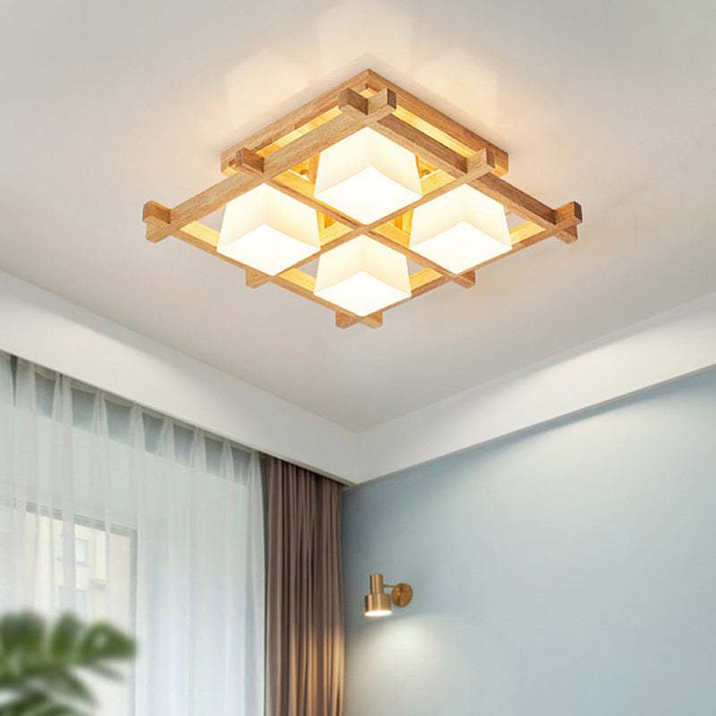 Modern Checkered Wood Ceiling Light - Beige Flushmount with Opal Glass Shade