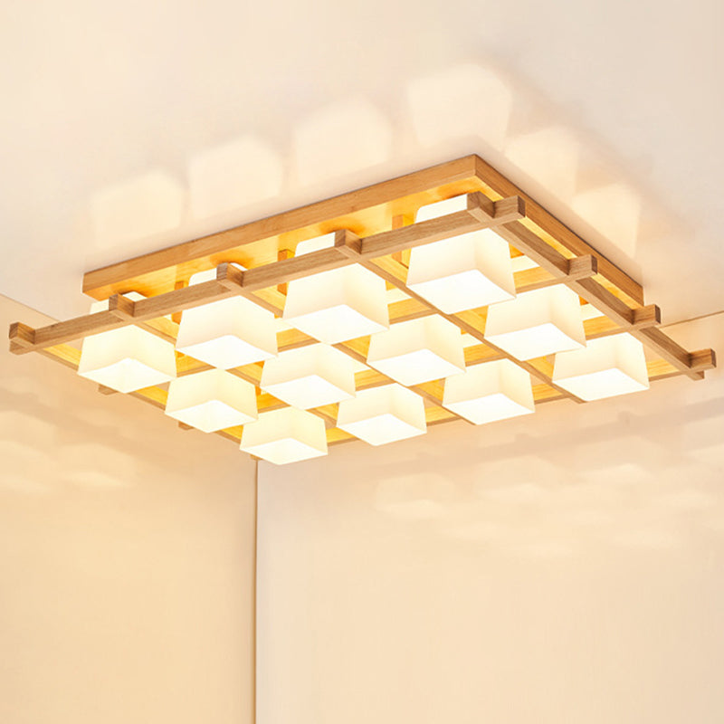 Modern Checkered Wood Ceiling Light - Beige Flushmount with Opal Glass Shade