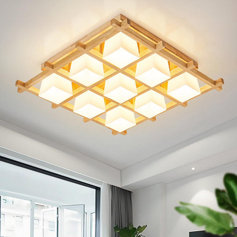 Modern Checkered Wood Ceiling Light - Beige Flushmount with Opal Glass Shade