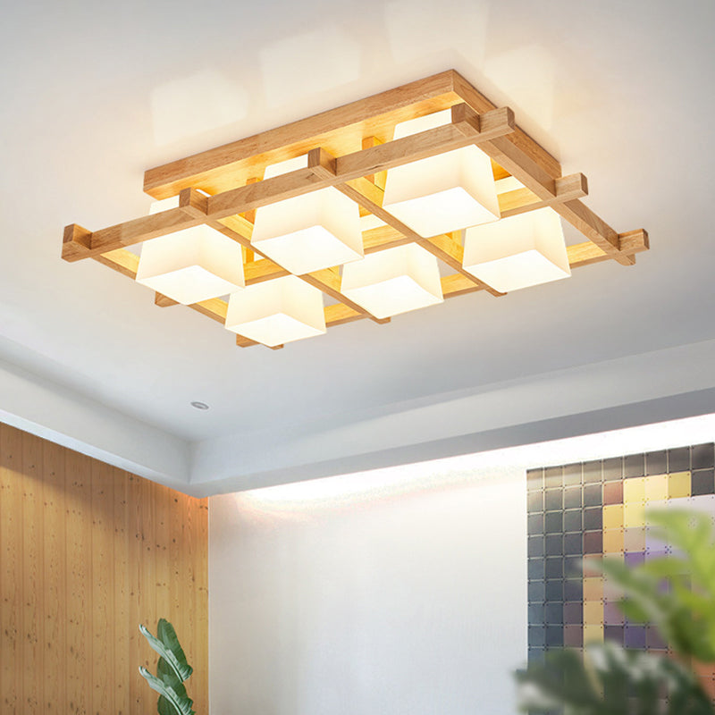 Modern Checkered Wood Ceiling Light - Beige Flushmount with Opal Glass Shade