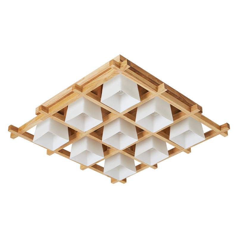 Modern Checkered Wood Ceiling Light - Beige Flushmount with Opal Glass Shade