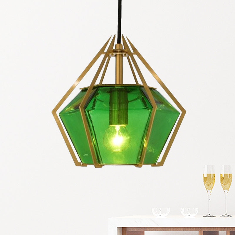 Modern Diamond Pendant Light With Metal Cage And Textured Glass In Green/Clear/White Green / C