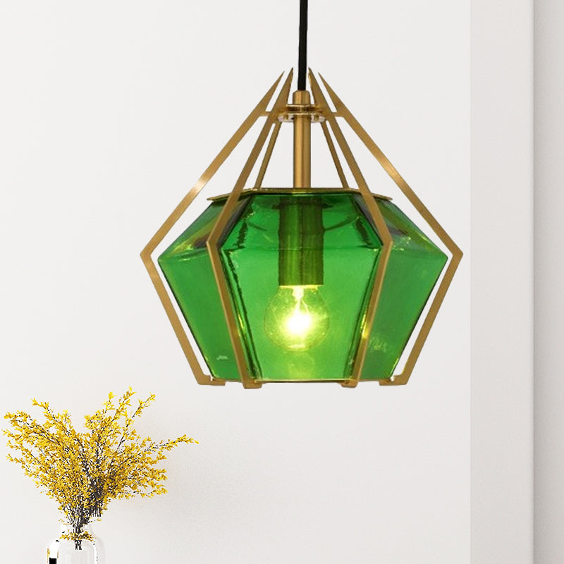Modern Glass Diamond Pendant Light - Green/Clear/Textured White - 1 Light - Stout/Linear/Bell Metal Cage