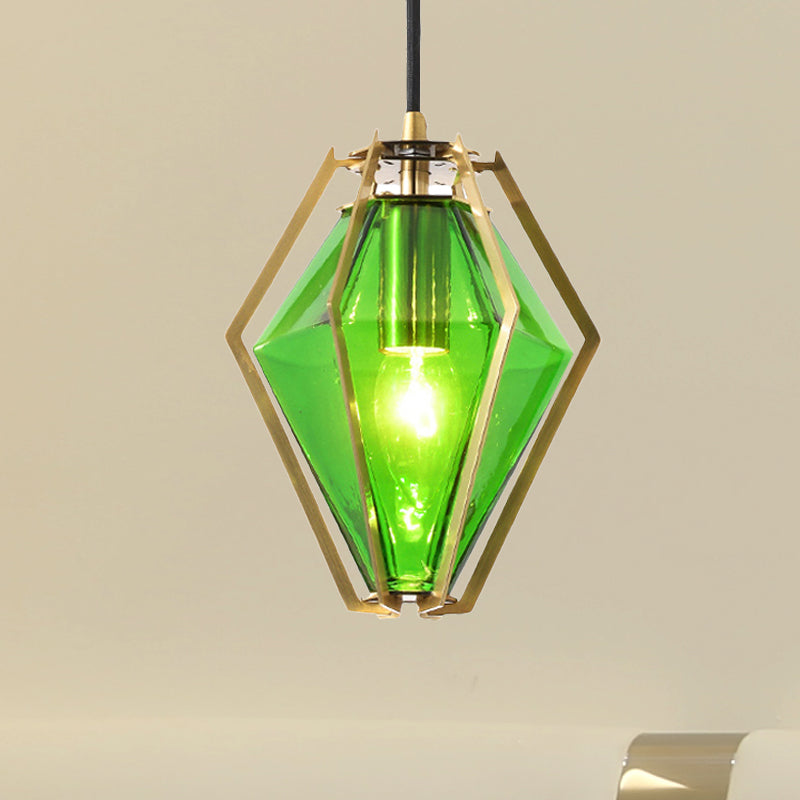 Modern Diamond Pendant Light With Metal Cage And Textured Glass In Green/Clear/White Green / B