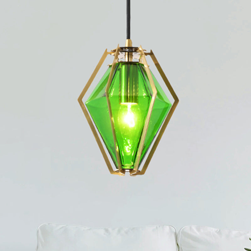 Modern Diamond Pendant Light With Metal Cage And Textured Glass In Green/Clear/White