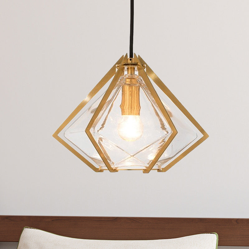 Modern Glass Diamond Pendant Light - Green/Clear/Textured White - 1 Light - Stout/Linear/Bell Metal Cage