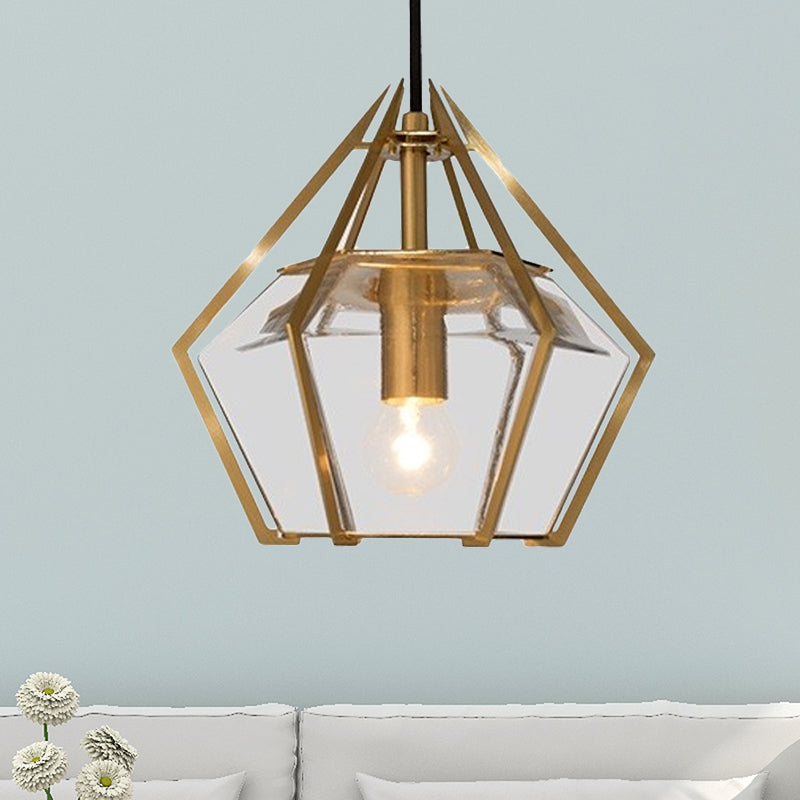 Modern Diamond Pendant Light With Metal Cage And Textured Glass In Green/Clear/White Clear / C