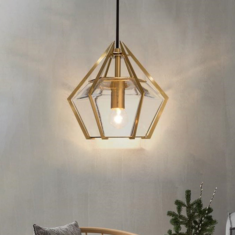 Modern Glass Diamond Pendant Light - Green/Clear/Textured White - 1 Light - Stout/Linear/Bell Metal Cage