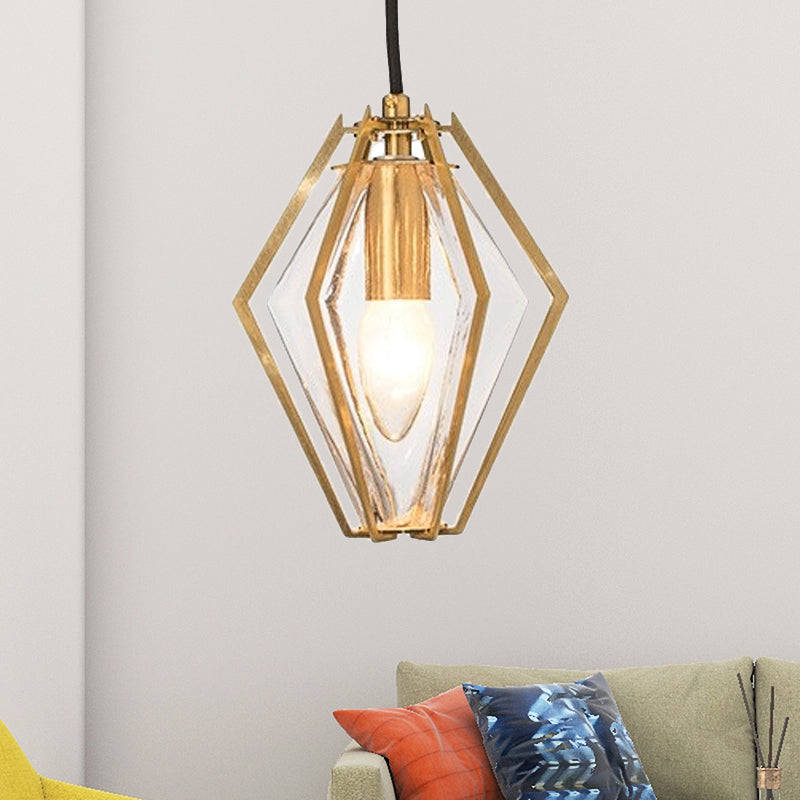 Modern Glass Diamond Pendant Light - Green/Clear/Textured White - 1 Light - Stout/Linear/Bell Metal Cage