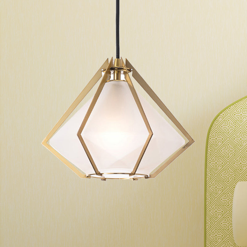 Modern Glass Diamond Pendant Light - Green/Clear/Textured White - 1 Light - Stout/Linear/Bell Metal Cage