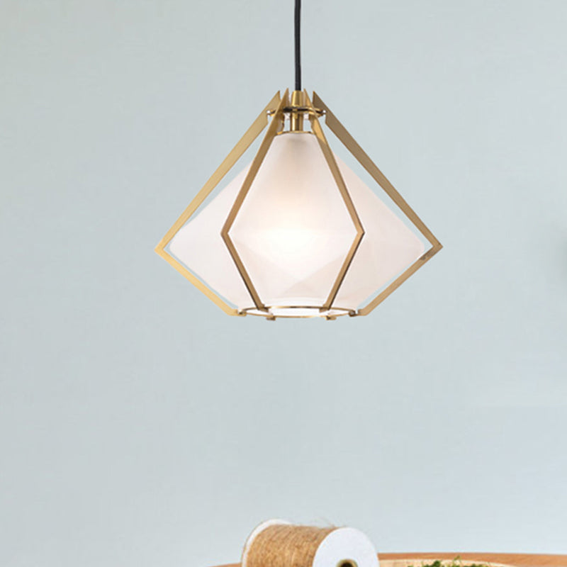 Modern Diamond Pendant Light With Metal Cage And Textured Glass In Green/Clear/White