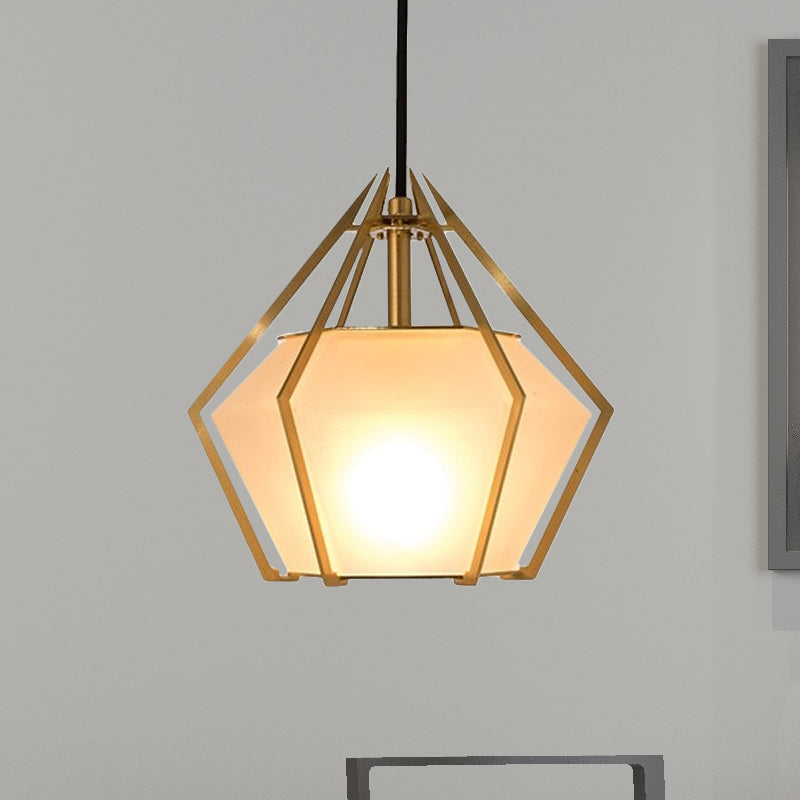 Modern Glass Diamond Pendant Light - Green/Clear/Textured White - 1 Light - Stout/Linear/Bell Metal Cage