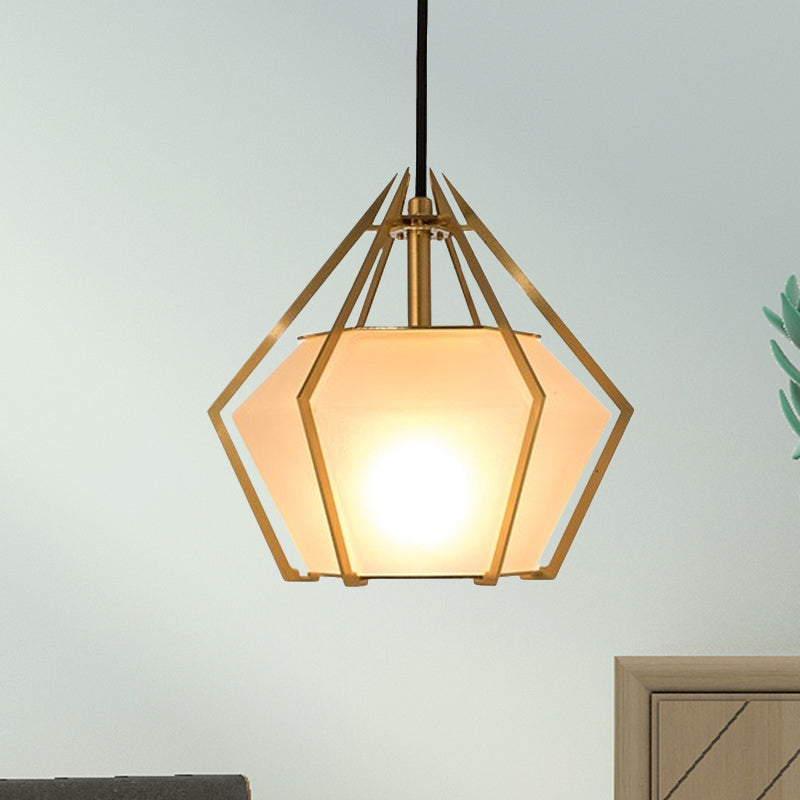 Modern Glass Diamond Pendant Light - Green/Clear/Textured White - 1 Light - Stout/Linear/Bell Metal Cage