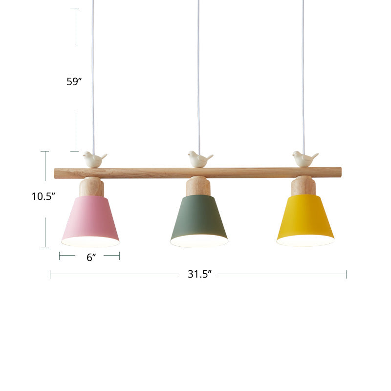 Nordic Shaded Hanging Island Light Metal Pendant With Bird Decor - 3-Head Dining Room Drop