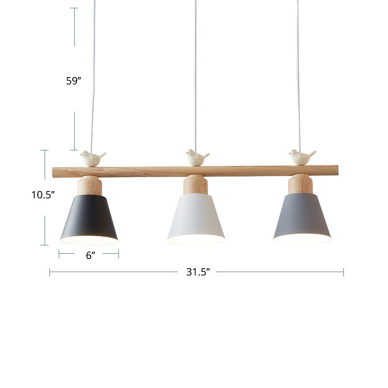 Nordic Shaded Hanging Island Light Metal Pendant With Bird Decor - 3-Head Dining Room Drop