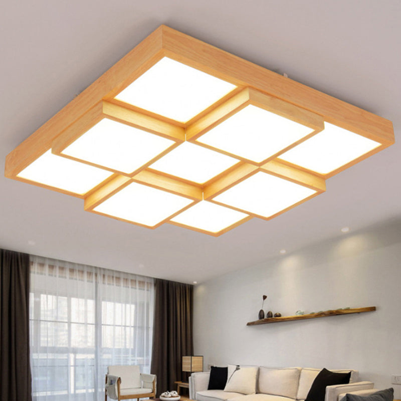 Minimalist Wooden LED Flush Mount Ceiling Light for Living Room - Check Flush Fixture