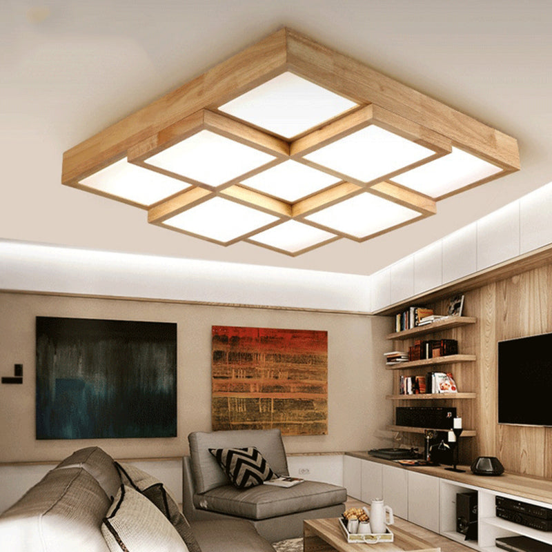 Minimalist Wooden LED Flush Mount Ceiling Light for Living Room - Check Flush Fixture