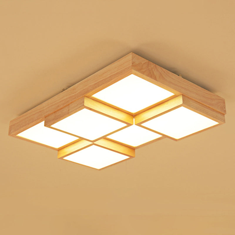 Minimalist Wooden LED Flush Mount Ceiling Light for Living Room - Check Flush Fixture