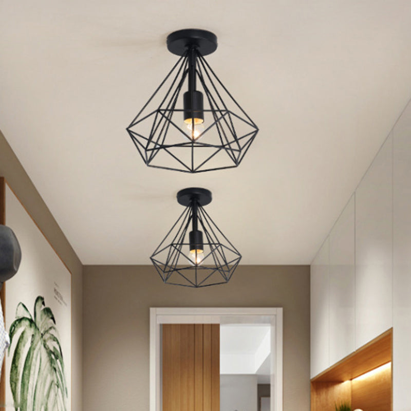 Vintage Black Iron Wire Diamond Ceiling Flush Light with 1-Light Passageway Mount
