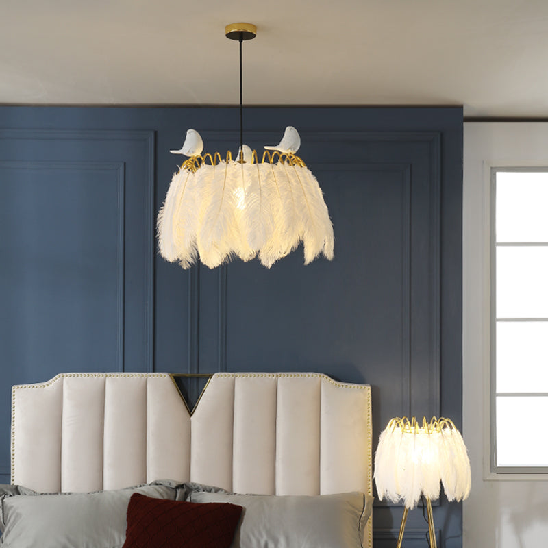 Nordic Goose Feather Round Pendant Lamp White Suspended 1-Bulb Fixture For Bedroom Lighting / Bird