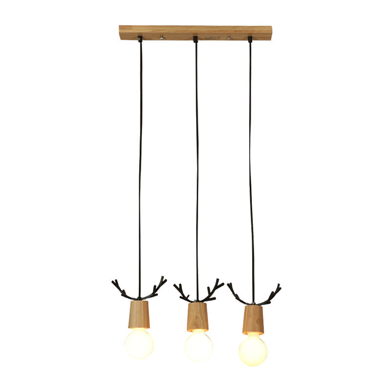 Nordic Antler Wooden 3-Light Hanging Pendant with Open Bulb Design for Restaurants