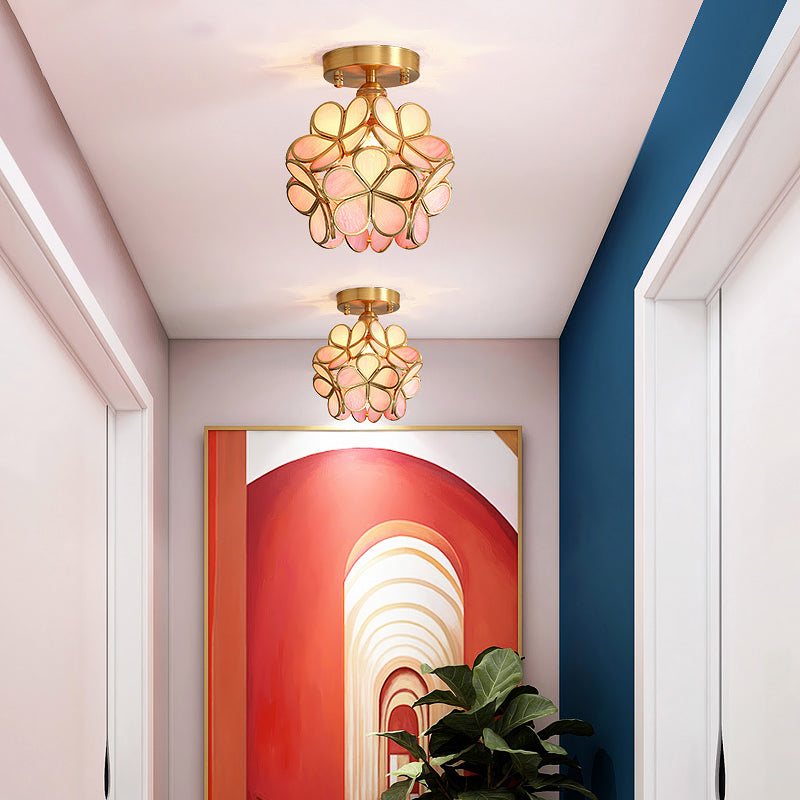 Tiffany Floral Semi Mount 1-Light Glass Ceiling Flush Light in Brass - Ideal for Hallway Décor